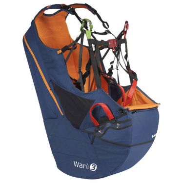 Woody Valley Wani 3 reversible paragliding harness-rucksack in harness mode in Blue-Orange colours