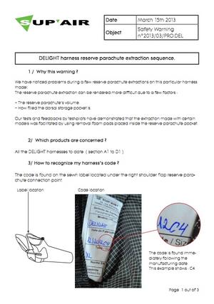 Safety Notice: Supair Delight harness reserve extraction