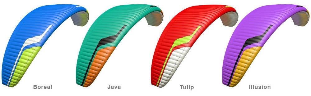 Niviuk Takoo 5 standard colours: Boreal, Java, Illusion, Tulip.